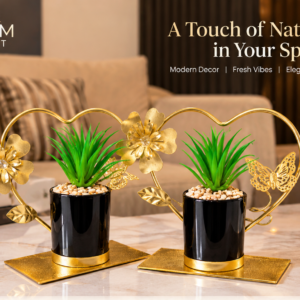 Gold floral artificial plant decor with black pots and decorative metal frame